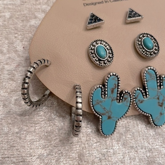 Brand New Atterri Southwest Silver Tone & Turquoise Set of 5 Pairs of Earrings - Picture 5 of 12